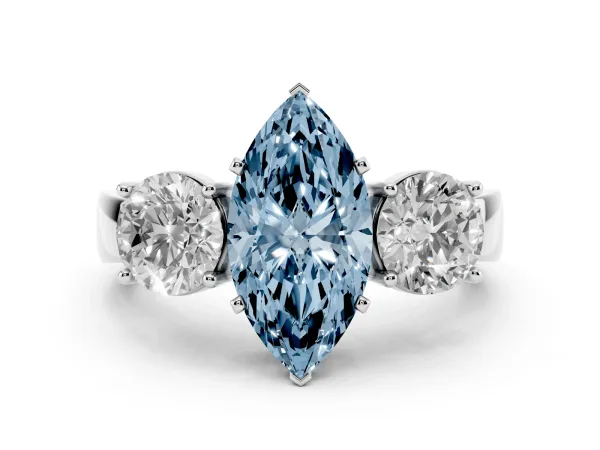 Fancy Blue Three-Stone Marquise Cut Diamond Ring with Round Side Stones, Classic Band, and Four-Prong Setting Platinum