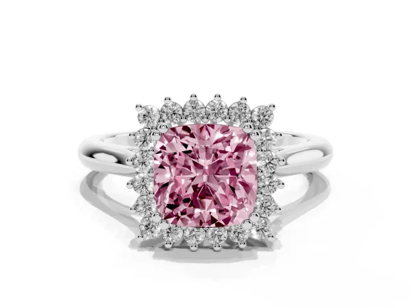 Fancy Pink Cushion Cut Cut Diamond Halo Ring with Solitaire Band and Prong Setting White gold