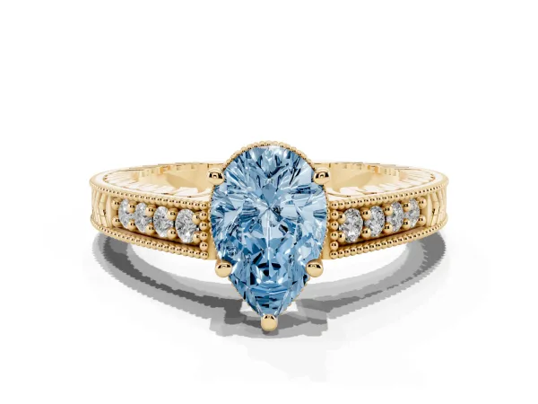 Fancy Blue Pear Cut Solitaire Pavé Diamond Milgrain Engagement Ring with Four-Prong Setting Yellow gold