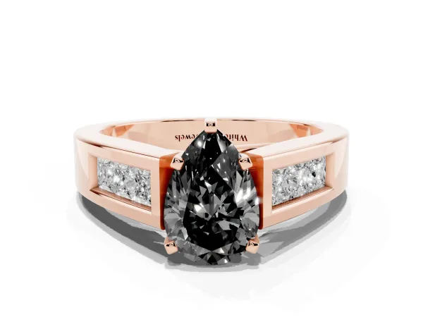 Fancy Black Pear Cut Cut Channel Set Solitaire Ring with Four-Prong Setting Rose gold