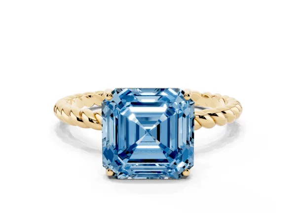 Fancy Blue Asscher Cut Solitaire Twist Band Ring with Four-Prong Setting Yellow gold