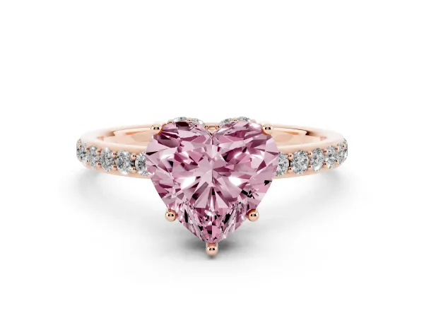 Fancy Pink Heart Cut Diamond Solitaire Ring with Pavé Band and Hidden Halo Rose gold
