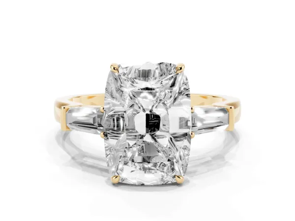 Old Mine Elongated Cushion Diamond with Side Tapered Baguette Three Stone Ring Yellow gold
