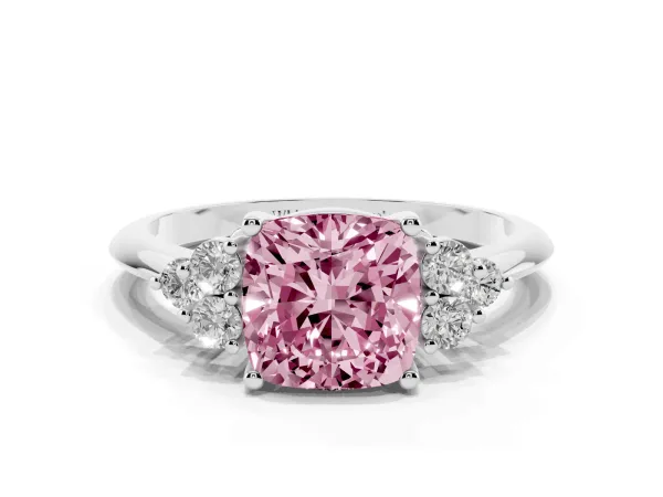 Fancy Pink Cushion Cut Cut Diamond Cluster Ring with Solitaire Band and Four-Prong Setting White gold