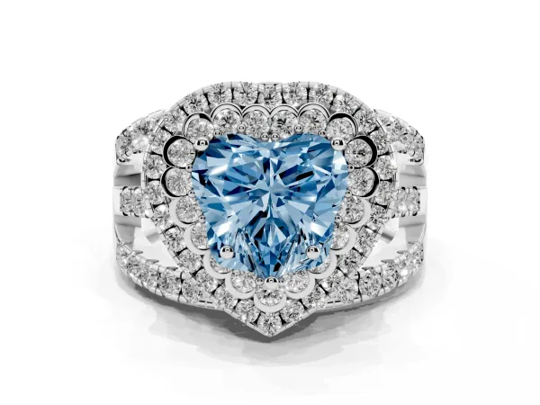 Fancy Blue Heart Cut Diamond Double Halo Ring with Round Pavé Split Shank and Prong Setting White gold