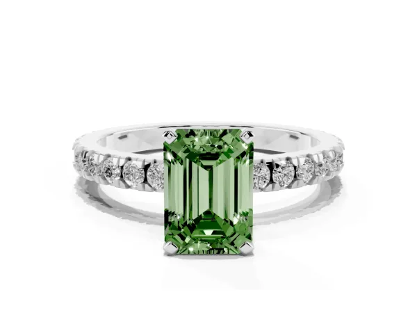 Fancy Green Emerald Cut Diamond Pavé Band Solitaire with Four-Prong Setting White gold