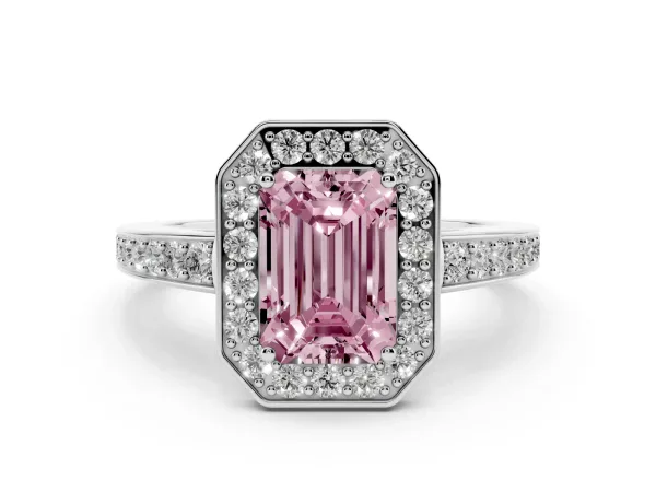 Fancy Pink Emerald Cut Halo Pavé Diamond Engagement Ring with Bezel Setting White gold