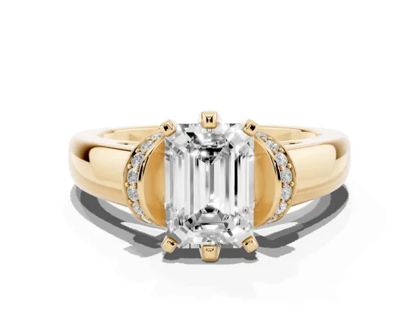 Emerald Cut Solitaire Diamond Ring with Pave Band and Six-Prong Setting Yellow gold