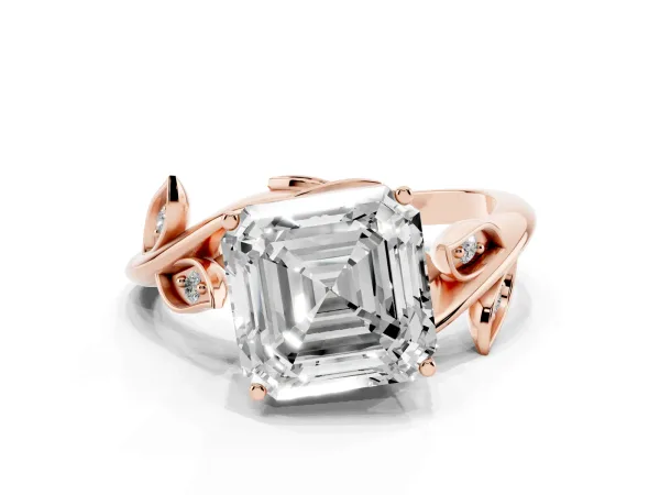 Asscher Cut Solitaire Twist Engagement Ring with Leaf Accents and Prong Setting Rose gold