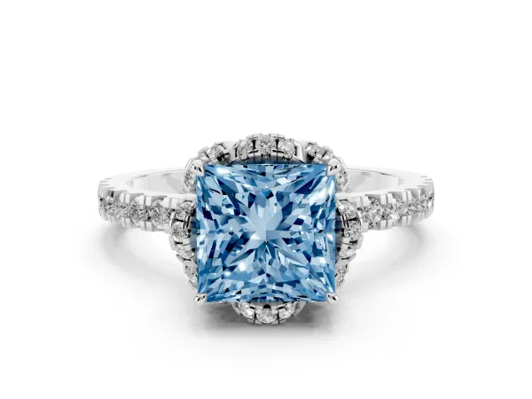 Fancy Blue Princess Cut Diamond Halo Pave Band with Four-Prong Setting Platinum