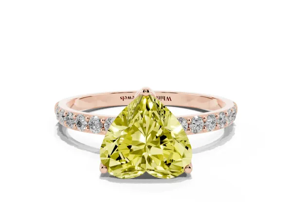 Fancy Yellow Heart Cut Diamond Solitaire Engagement Ring with Round Pavé Band and Prong Setting Rose gold