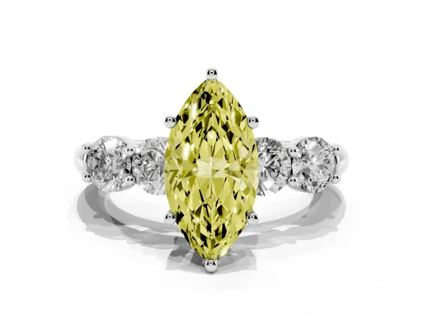 Fancy Yellow Marquise Cut Cut Five-Stone Prong Set Diamond Ring with Classic Band Platinum