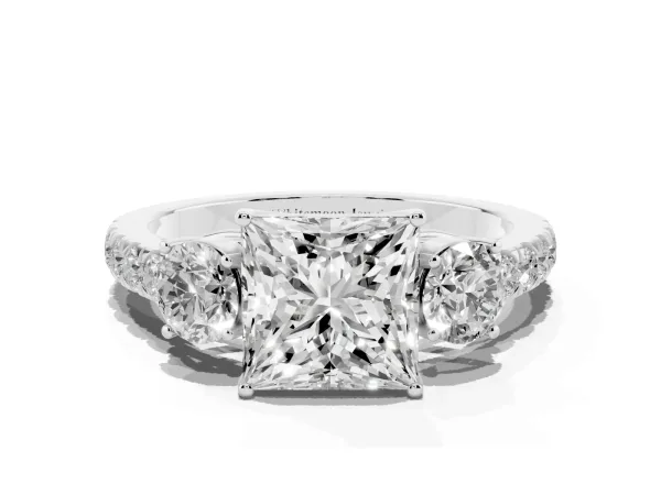 Princess Cut Cut Diamond Three-Stone Ring with Round Side Stones and Pavé Band White gold