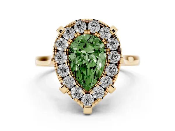 Fancy Green Pear Cut Diamond Cluster Halo Solitaire with Four-Prong Setting Yellow gold