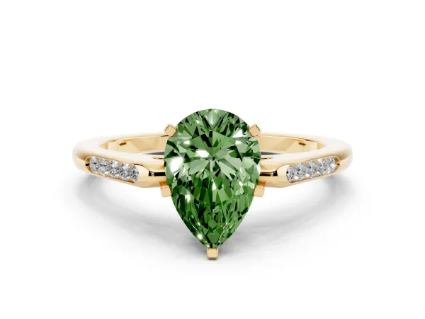 Fancy Green Pear Cut Diamond Solitaire Ring with Channel Set Round Band and Prong Setting Yellow gold