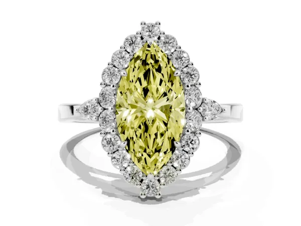Fancy Yellow Marquise Cut Diamond Halo Ring with Pear Side Stones and Prong Setting Platinum