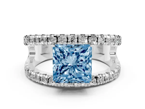 Fancy Blue Princess Cut Solitaire Split Shank Pave Diamond Ring White gold