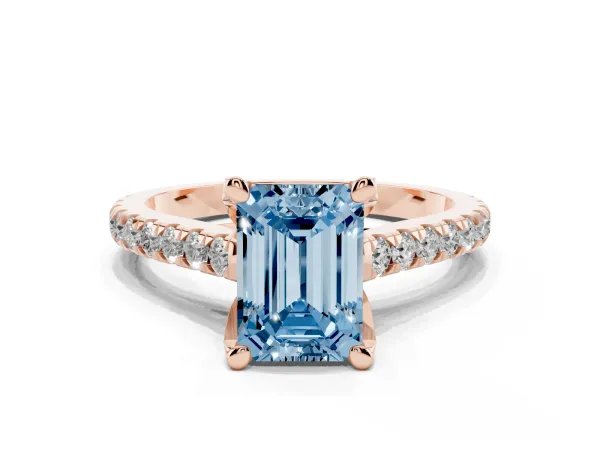 Fancy Blue Emerald Cut Brilliant Diamond Solitaire with Pavé Band and Four-Prong Setting Rose gold