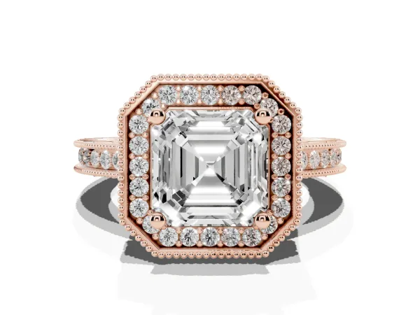 Asscher Cut Diamond Milgrain Halo Engagement Ring with Round Pavé Band and Prong Setting Rose gold