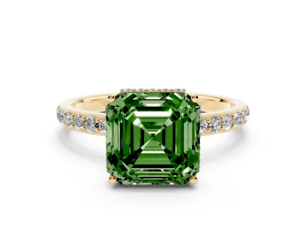 Fancy Green Asscher Cut Diamond Solitaire Ring with Pavé Band and Hidden Halo Yellow gold
