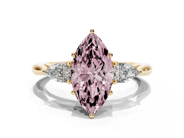 Fancy Pink Marquise Cut Diamond Three-Stone Ring with Pear Side Stones and Prong Setting Yellow gold
