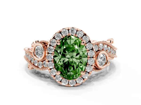 Fancy Green Oval Cut Halo Diamond Ring with Milgrain and Bezel Accents on a Split Shank Band Rose gold