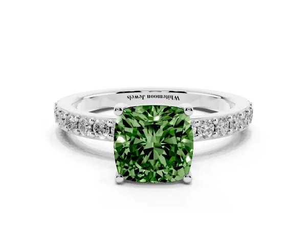 Fancy Green Cushion Cut Cut Diamond Solitaire with Pave Band and Four-Prong Setting Platinum