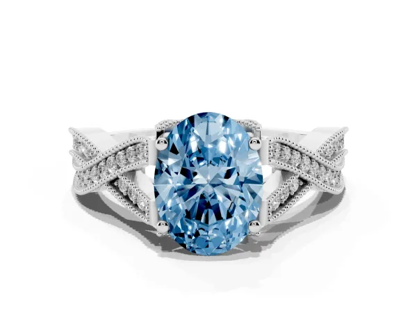 Fancy Blue Oval Cut Cut Diamond Twisted Band with Milgrain Pave Setting and Four-Prong Setting Platinum