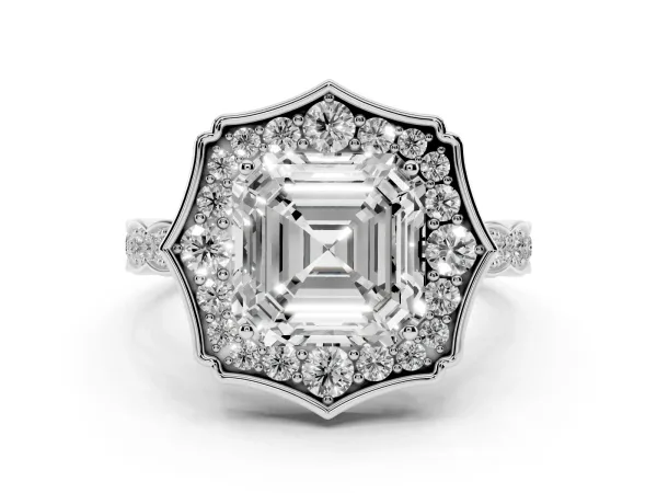 Asscher Cut Halo Diamond Engagement Ring with Milgrain Band and Four-Prong Setting Platinum