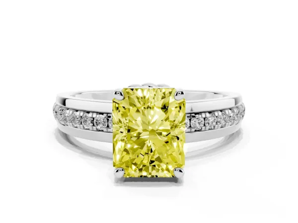 Fancy Yellow Radiant Cut Solitaire Diamond Ring with Channel Set Band and Six-Prong Setting Platinum