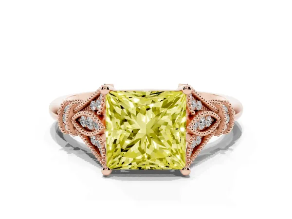 Fancy Yellow Princess Cut Diamond Solitaire Ring with Floral Filigree and Pave Accents Rose gold