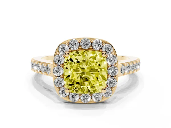 Fancy Yellow Cushion Cut Diamond Halo Ring with Round Pavé Split Shank and Prong Setting Yellow gold