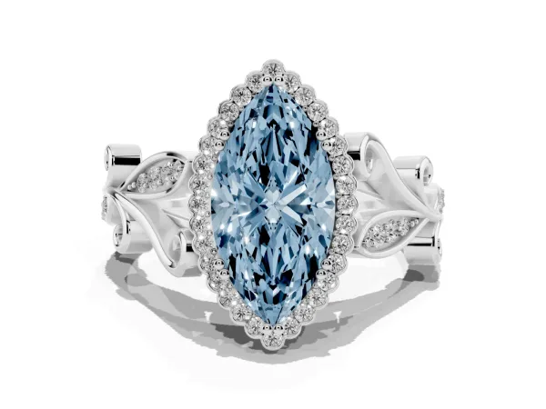 Fancy Blue Marquise Cut Diamond Halo Ring with Vintage Split Shank and Four-Prong Setting Platinum