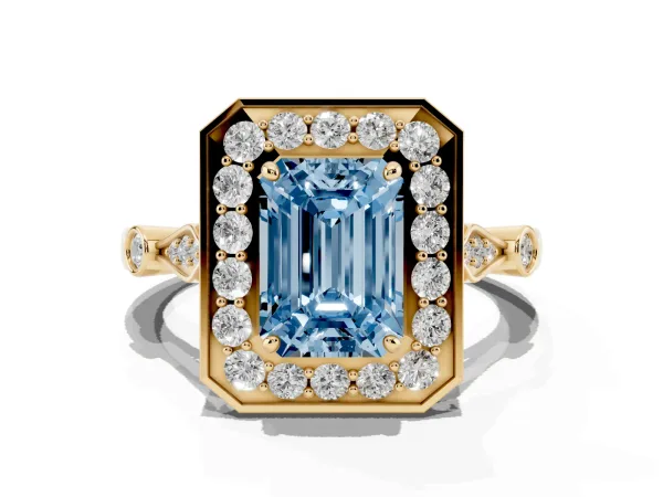 Fancy Blue Emerald Cut Halo Diamond Engagement Ring with Twisted Band and Four-Prong Setting Yellow gold