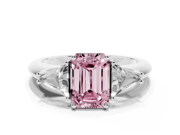 Fancy Pink Three-Stone Emerald Cut Diamond Engagement Ring with Trillion Side Stones and Prong Setting Platinum