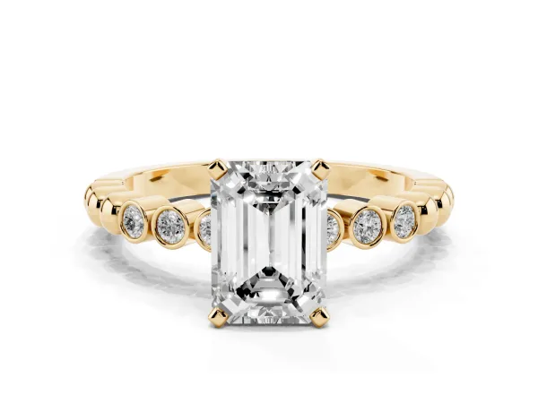 Emerald Cut Solitaire Bezel Accent Diamond Engagement Ring with Beaded Band and Four-Prong Setting Yellow gold