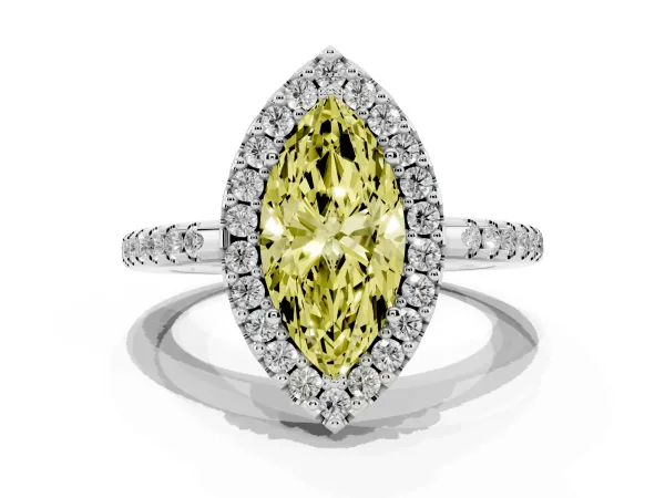 Fancy Yellow Marquise Cut Diamond Pavé Halo Ring with Four-Prong Setting White gold