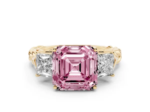 Fancy Pink Three-Stone Asscher Cut Diamond Braided Band Ring with Four-Prong Setting Yellow gold