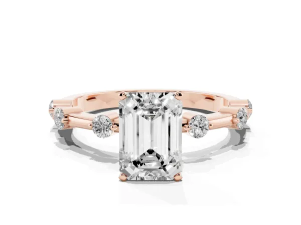 Emerald Cut Solitaire Diamond Ring with Bezel Set Side Stones and Prong Setting Rose gold