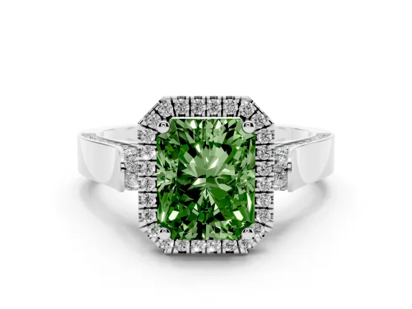 Fancy Green Radiant Cut Halo Round Diamond Twist Band with Four-Prong Setting Platinum