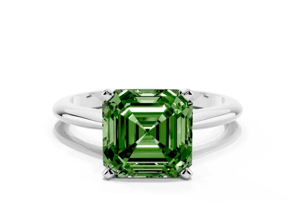 Fancy Green Asscher Cut Diamond Solitaire Engagement Ring with Classic Band and Four-Prong Setting White gold
