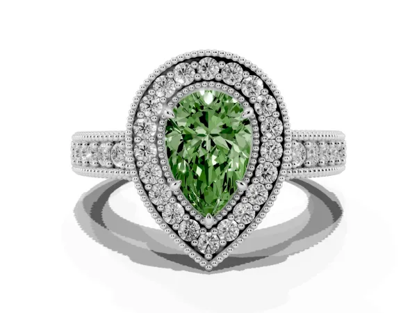 Fancy Green Pear Cut Cut Halo Diamond Ring with Pavé Band and Four-Prong Setting White gold