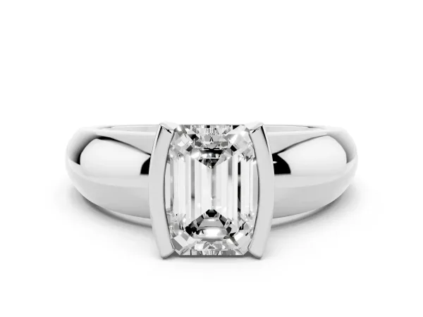 Emerald Cut Solitaire Tension Set Diamond Ring with Wide Band White gold