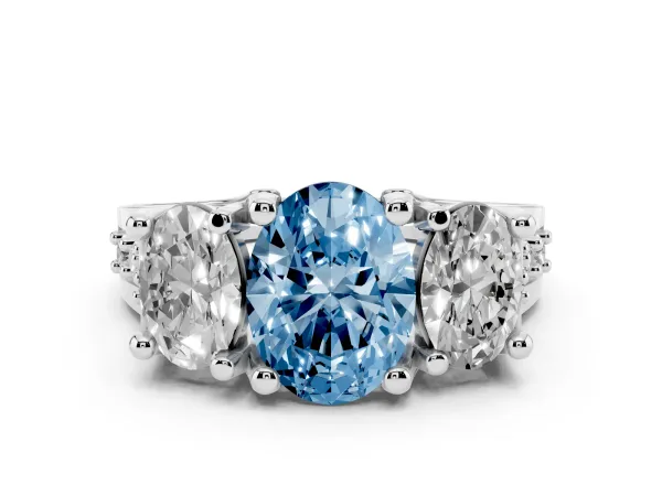 Fancy Blue Oval Cut Diamond Three-Stone Ring with Channel Set Band and Four-Prong Setting Platinum