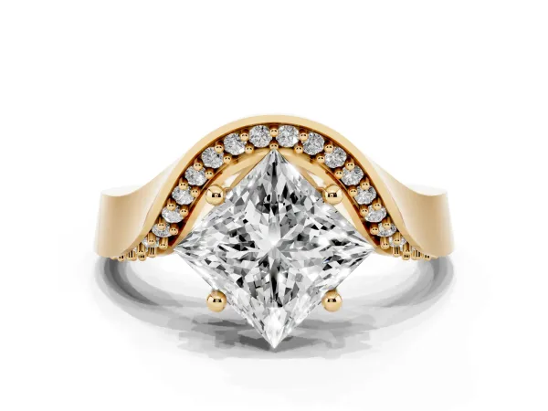 Princess Cut Solitaire Diamond Engagement Ring with Pave Band and Four-Prong Setting Yellow gold