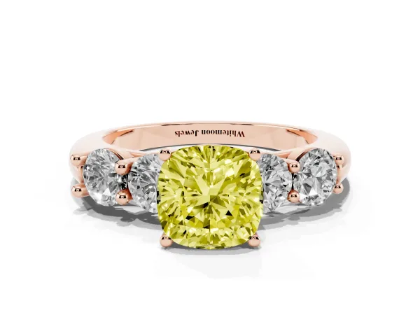 Fancy Yellow Cushion Cut Cut Five-Stone Prong Set Diamond Ring with Classic Band Rose gold
