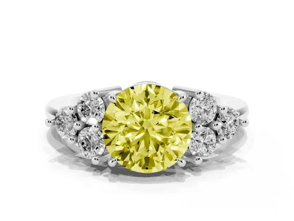 Fancy Yellow Round Cut Brilliant Diamond Cluster Accent Solitaire Ring with Prong Setting White gold