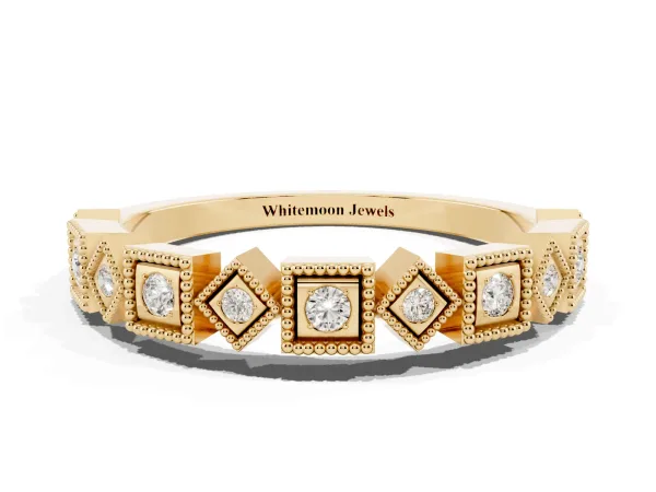 Milgrain Square Diamond Eternity Band with Bezel Setting Yellow gold
