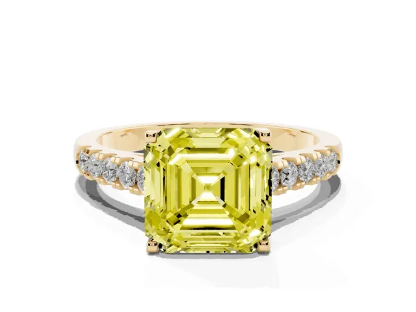 Fancy Yellow Asscher Cut Diamond Pavé Band Solitaire Ring with Prong Setting Yellow gold