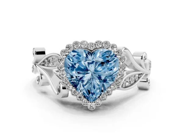 Fancy Blue Heart Cut Diamond Halo Ring with Vintage Split Shank and Four-Prong Setting White gold